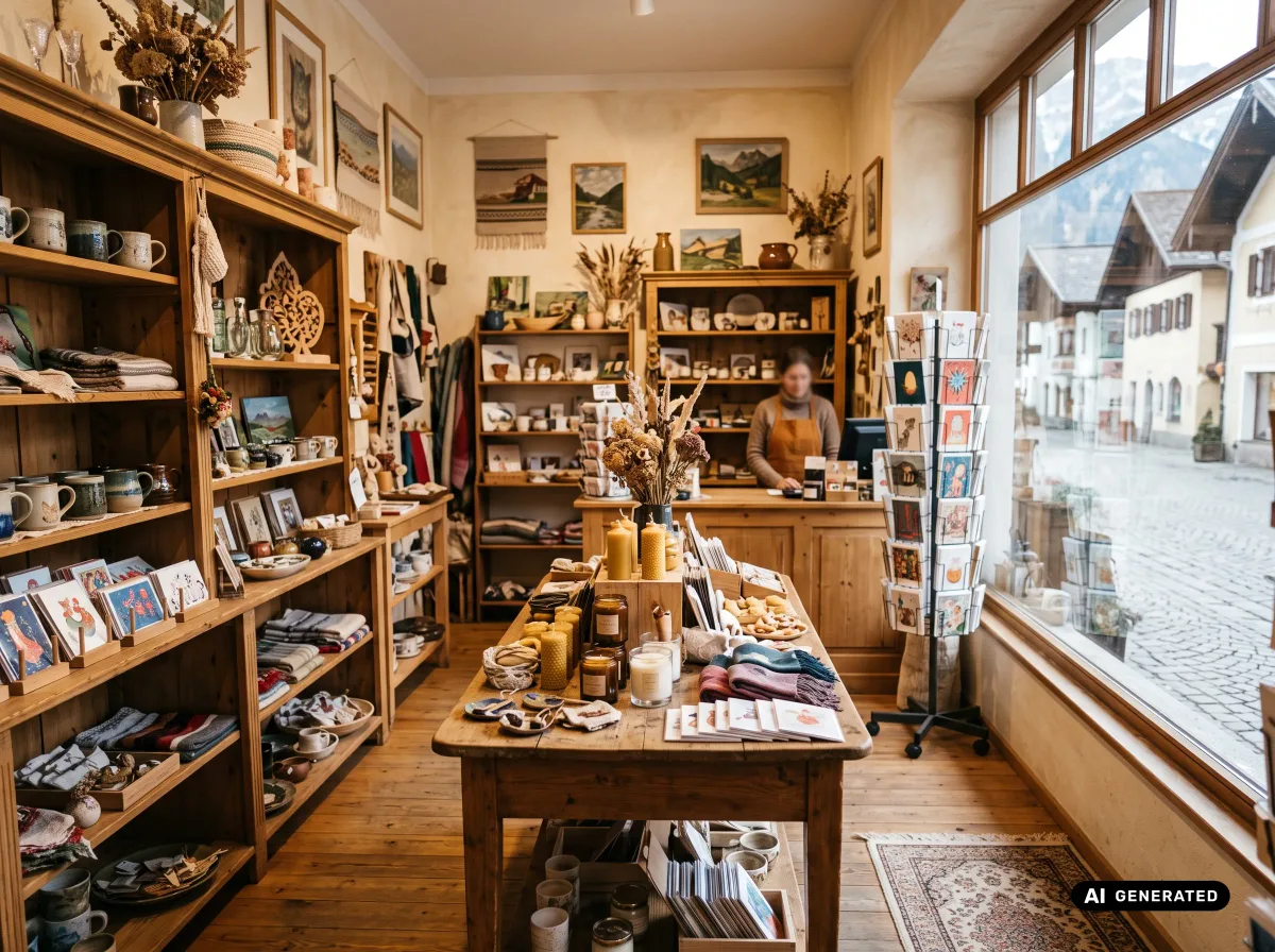 Innenansicht eines kleinen Geschenkladens mit Holzregalen und Deko-Artikeln