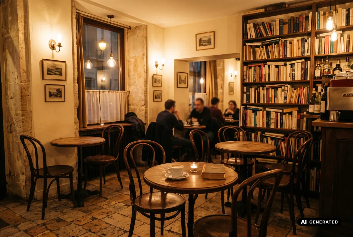 Gemütlicher Gastraum mit Bücherregal