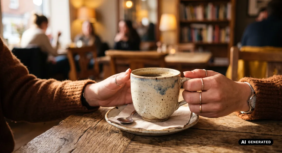 Zwei Hände halten eine Kaffeetasse an einem rustikalen Holztisch im Café