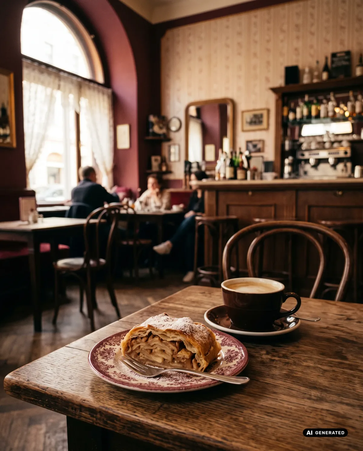 Apfelstrudel und Kaffee auf einem Holztisch im Café