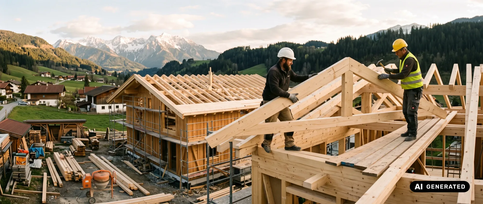 Handwerker beim Dachstuhl-Aufbau vor Bergpanorama