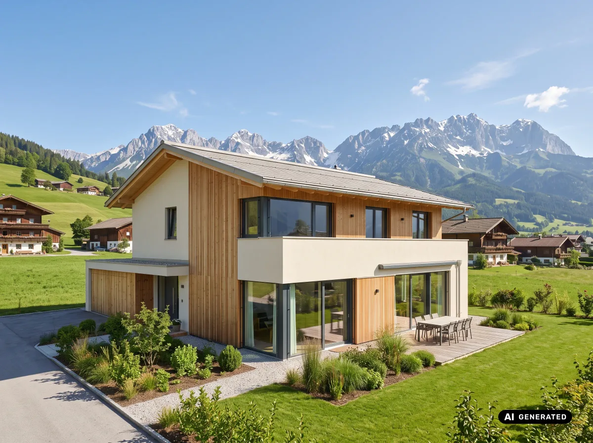 Modernes Einfamilienhaus mit Holzfassade vor Alpenpanorama
