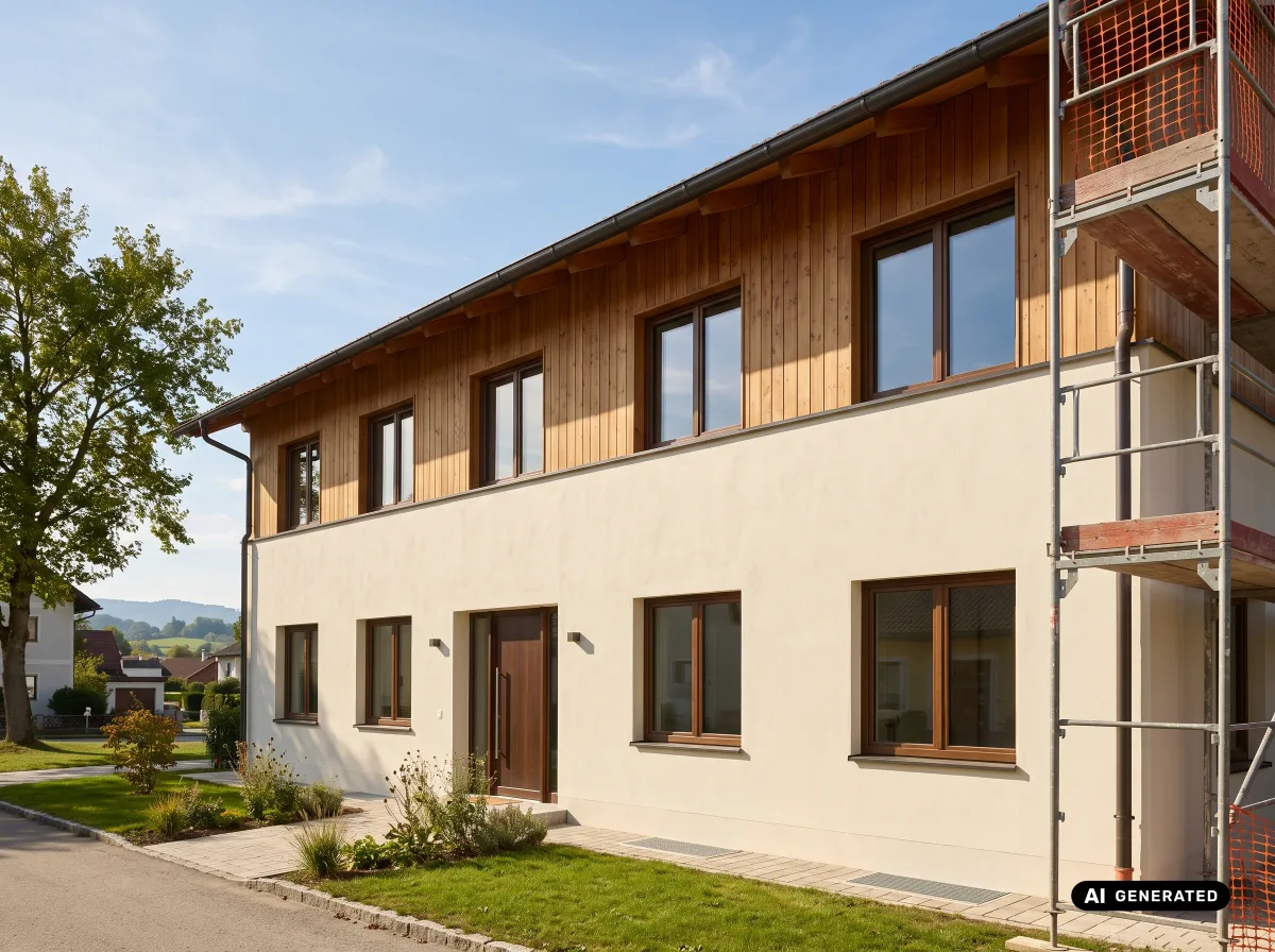 Saniertes Wohnhaus mit neuer Fassade und Gerüst