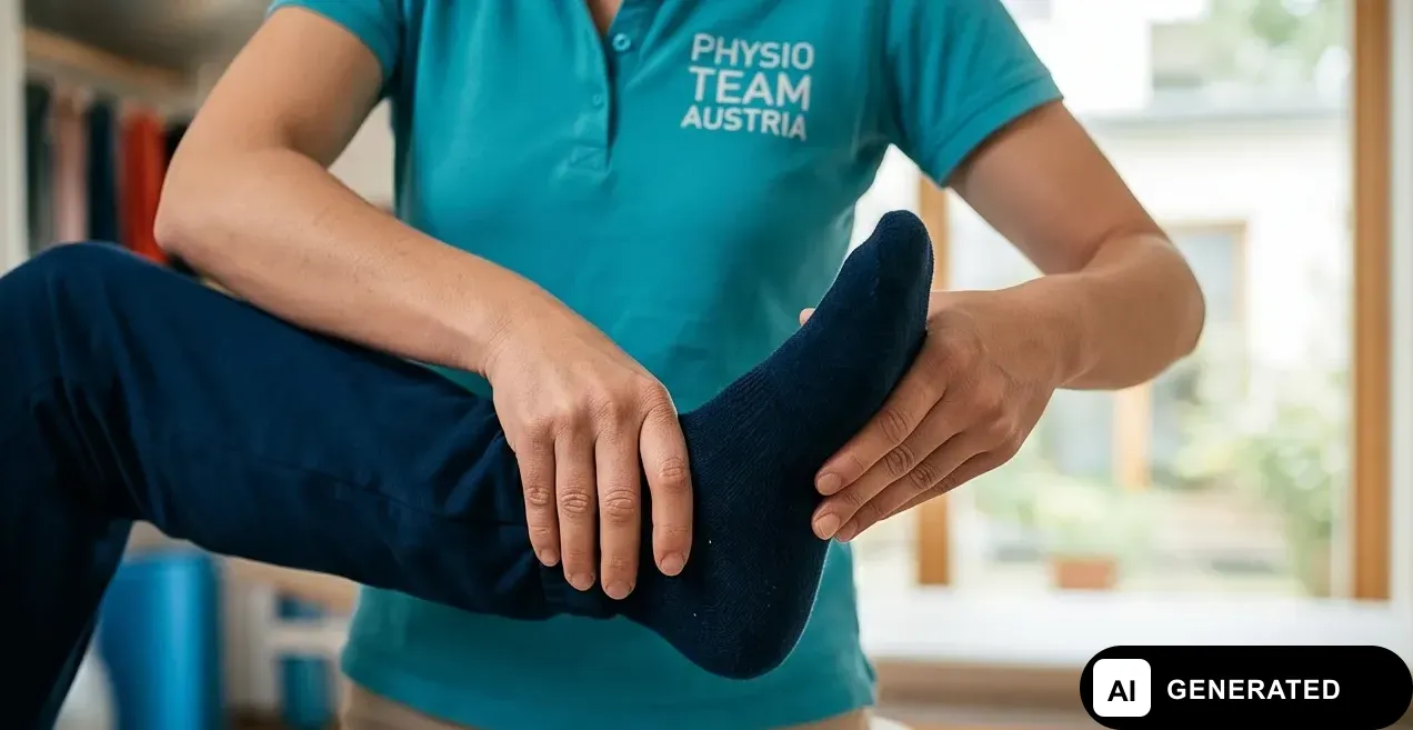 Physiotherapeutin bei einer Mobilisationsübung am Fuß